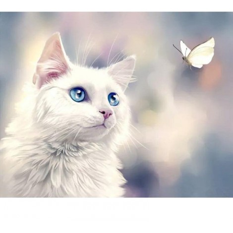 White Cat & Butterfly 5D DIY Paint By Diamond Kit