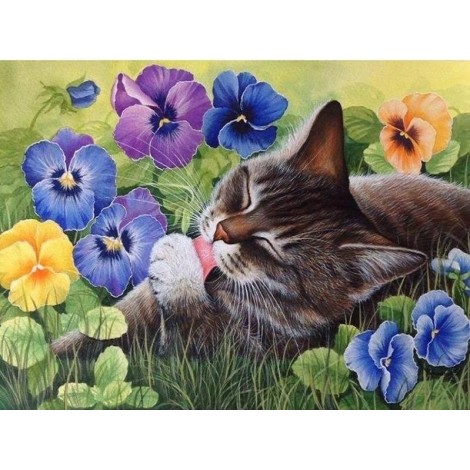 Cat and Flowers 5D DIY Paint By Diamond Kit