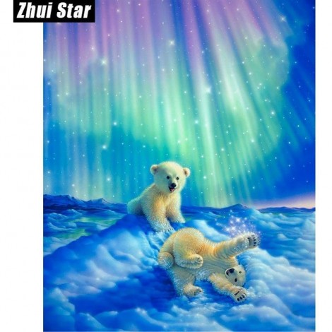Baby Polar Bear Playing Northern Lights 5D DIY Paint By Diamond Kit